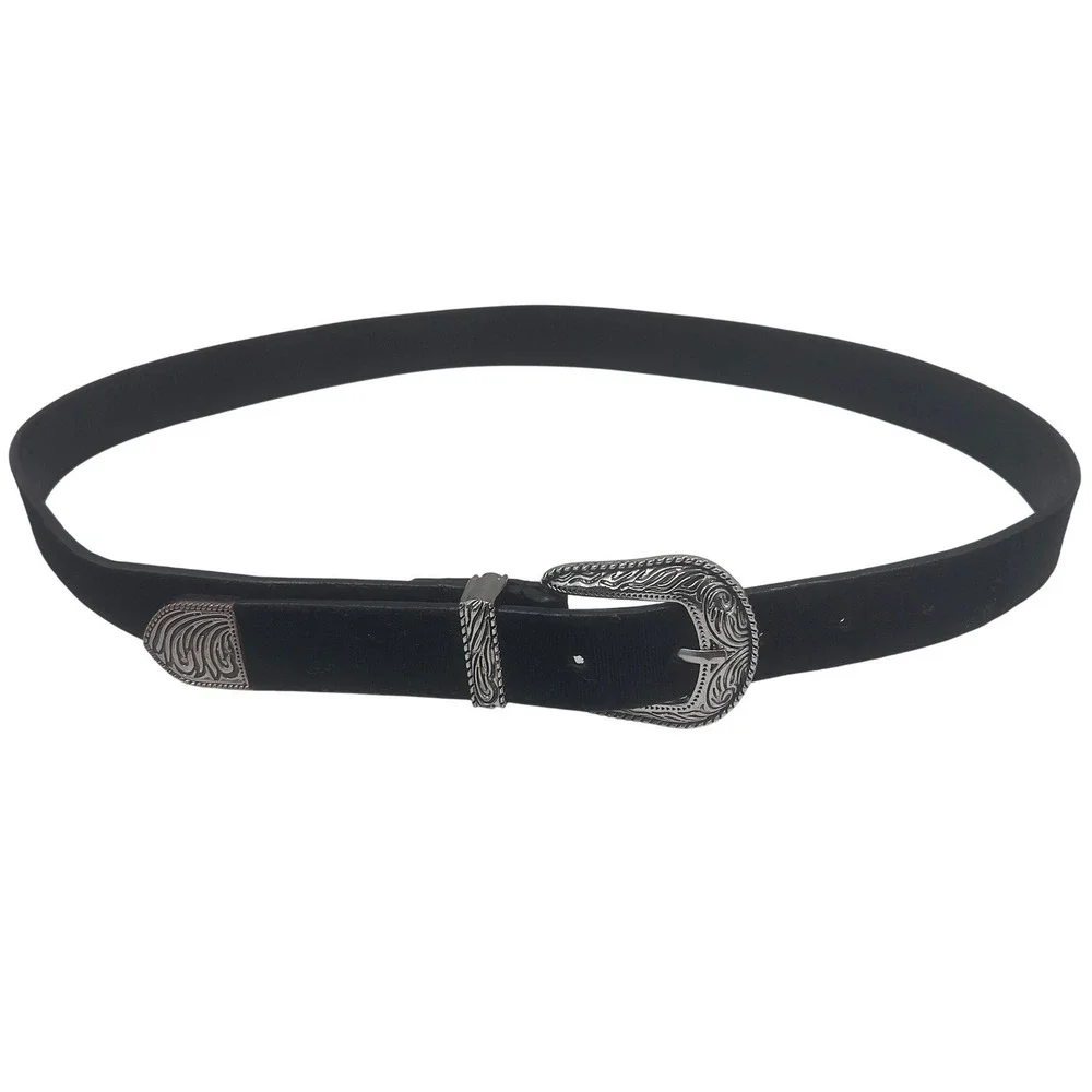 Womens Black Velvet Western Belt Silver Buckle Goth Glam Western Cowgirl 32-36